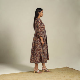Maroon Block Print Natural Dyed Cotton Flared Kalamkari Dress
