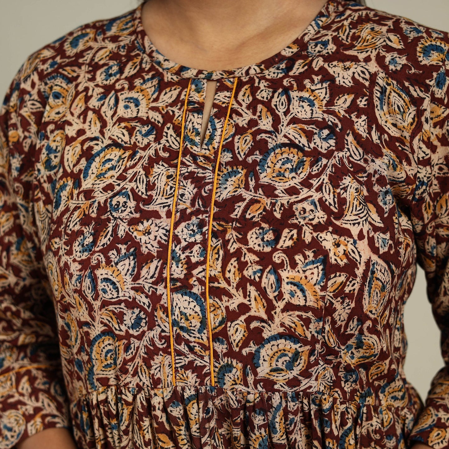 Maroon Block Print Natural Dyed Cotton Flared Kalamkari Dress