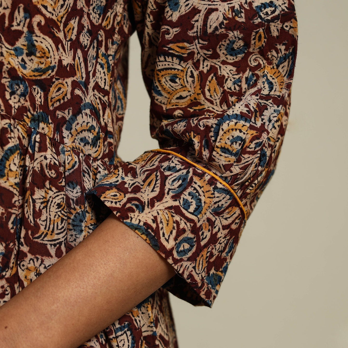 Maroon Block Print Natural Dyed Cotton Flared Kalamkari Dress