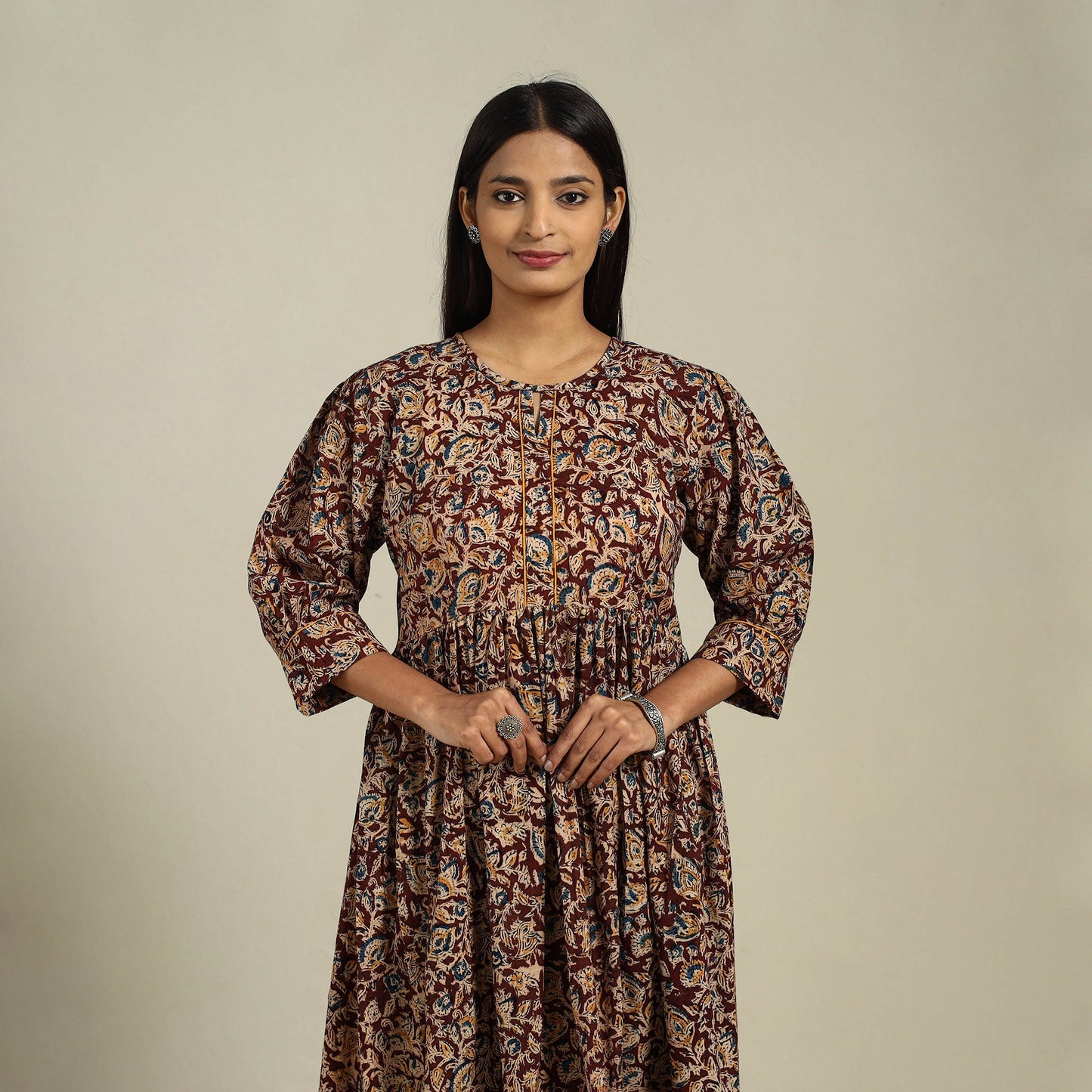 Maroon Block Print Natural Dyed Cotton Flared Kalamkari Dress