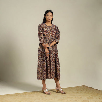 Maroon Block Print Natural Dyed Cotton Flared Kalamkari Dress