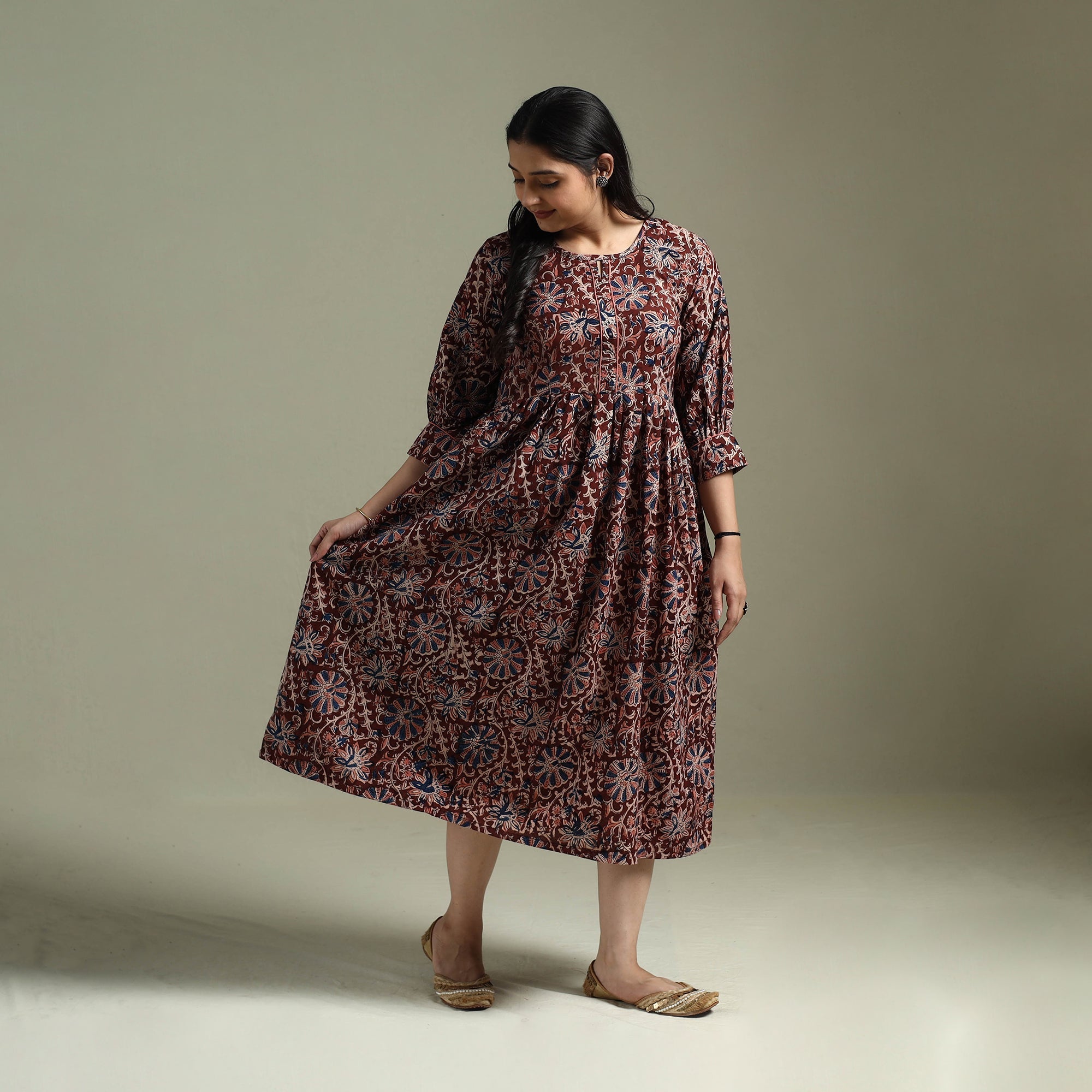 Maroon Natural Dyed Cotton Hand Block Print Long Flared Kalamkari Dress Itokri Casuals COJP_JP/KUT/217/E/6/5XL