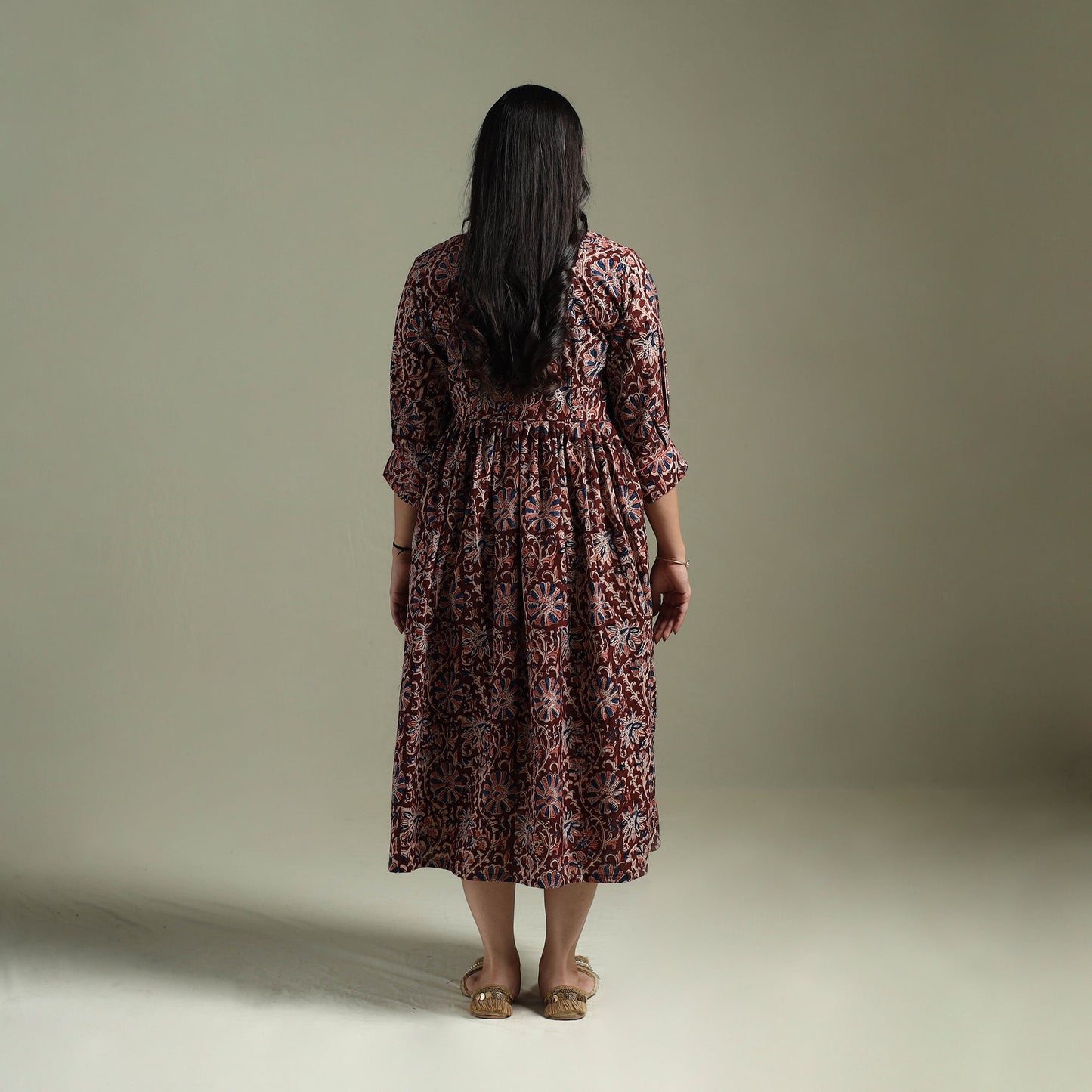 Natural dyed cotton hand block print flared kalamkari dress