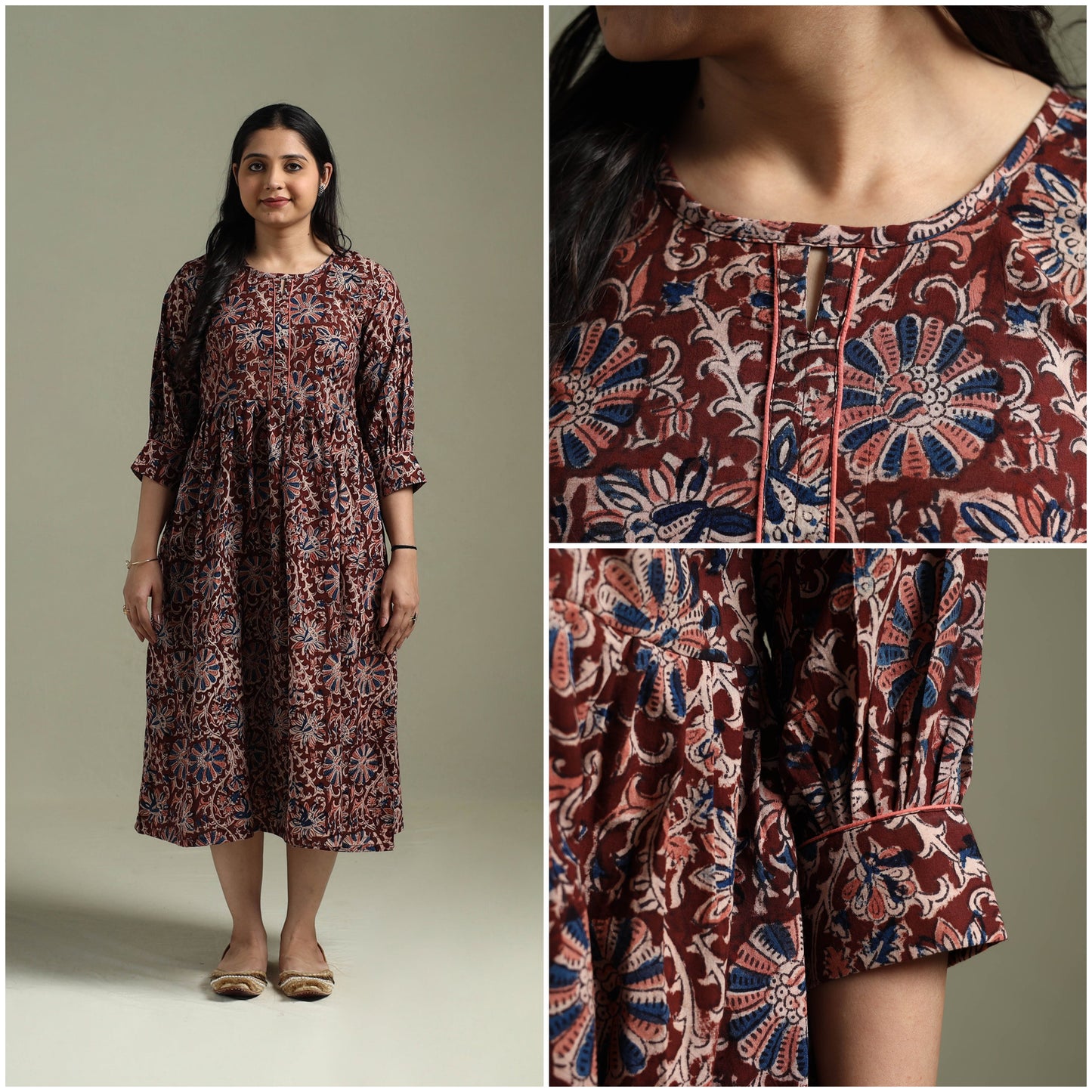 Natural dyed cotton hand block print flared kalamkari dress