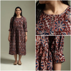 Natural dyed cotton hand block print flared kalamkari dress