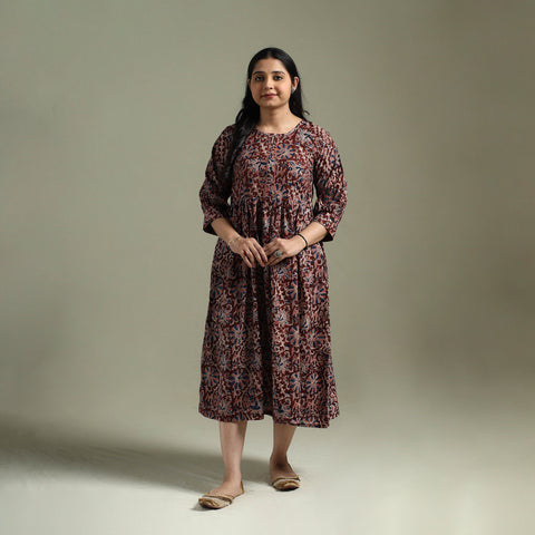 Natural dyed cotton hand block print flared kalamkari dress