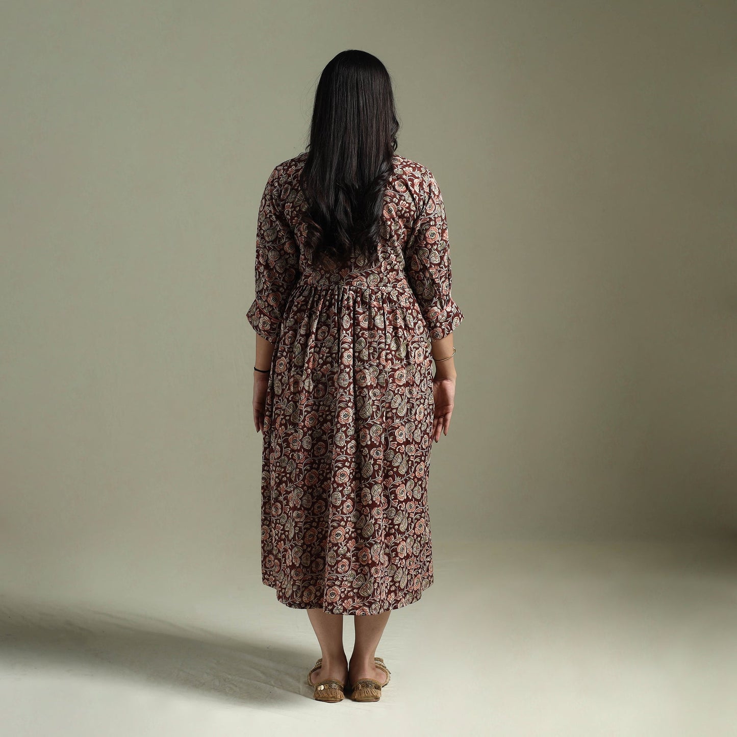 Natural dyed cotton hand block print flared kalamkari dress