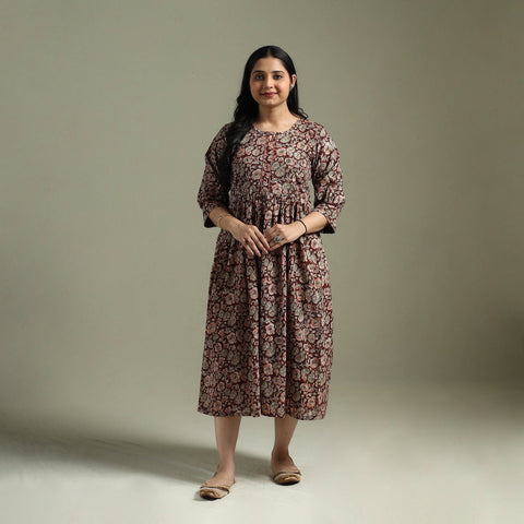 Natural dyed cotton hand block print flared kalamkari dress