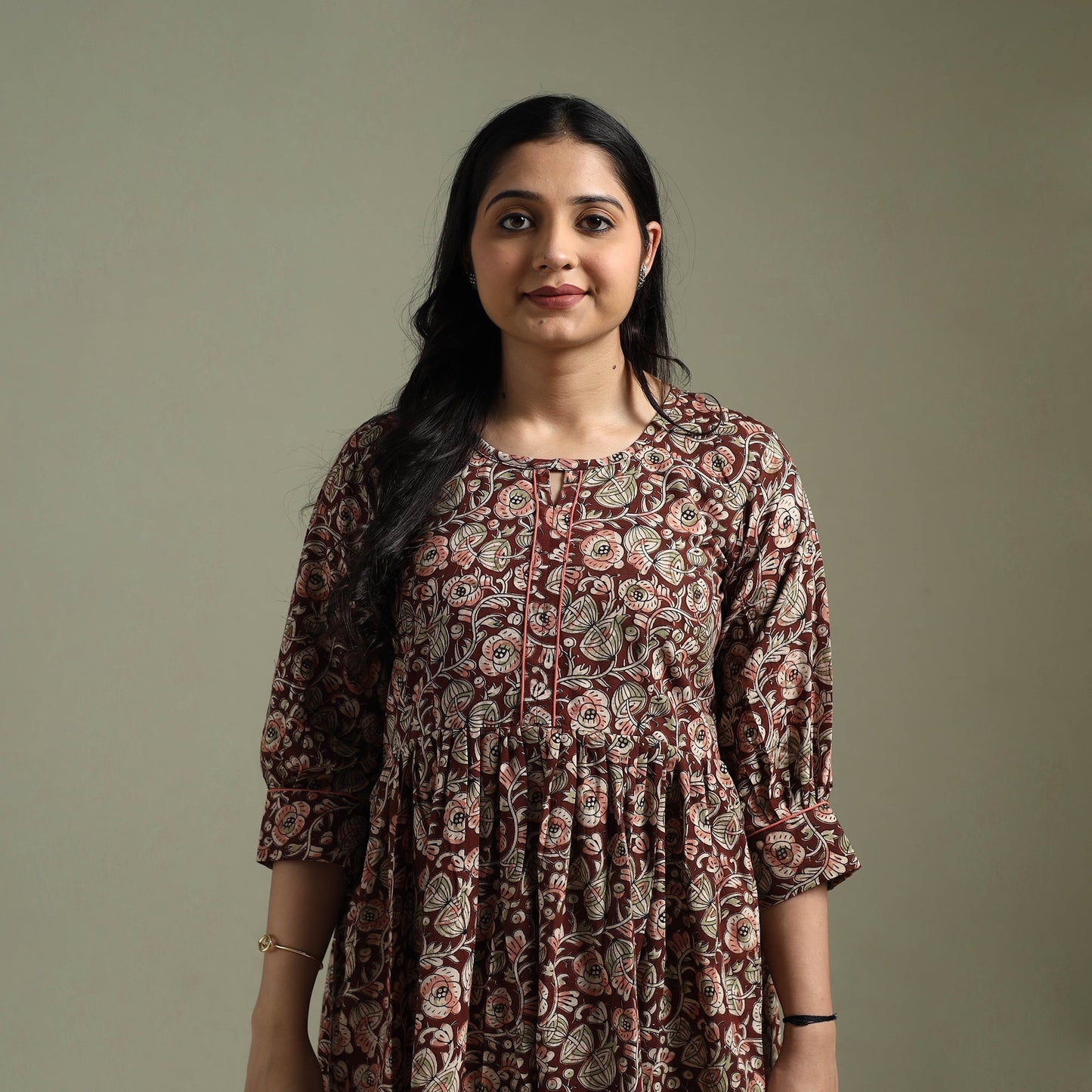 Natural dyed cotton hand block print flared kalamkari dress