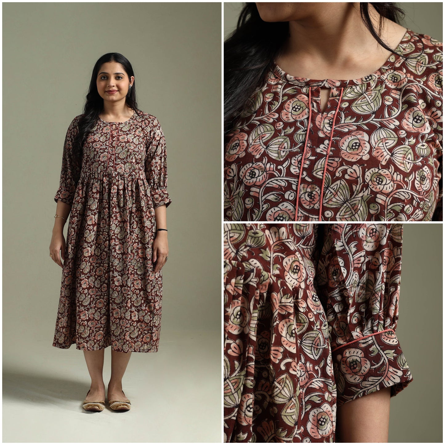 Natural dyed cotton hand block print flared kalamkari dress
