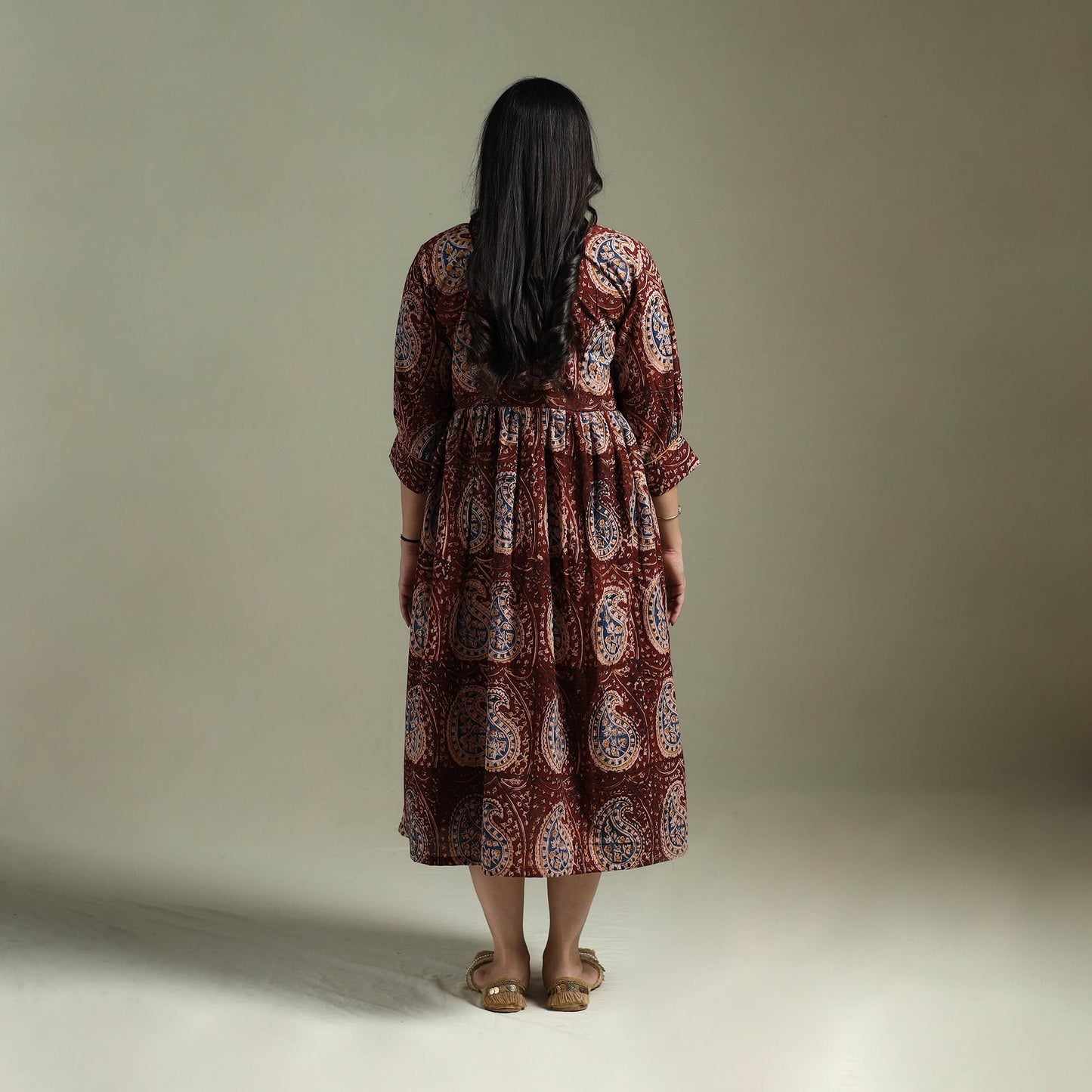 Natural dyed cotton hand block print flared kalamkari dress