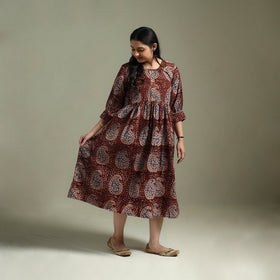Natural dyed cotton hand block print flared kalamkari dress
