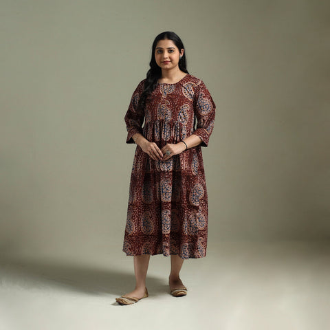 Natural dyed cotton hand block print flared kalamkari dress