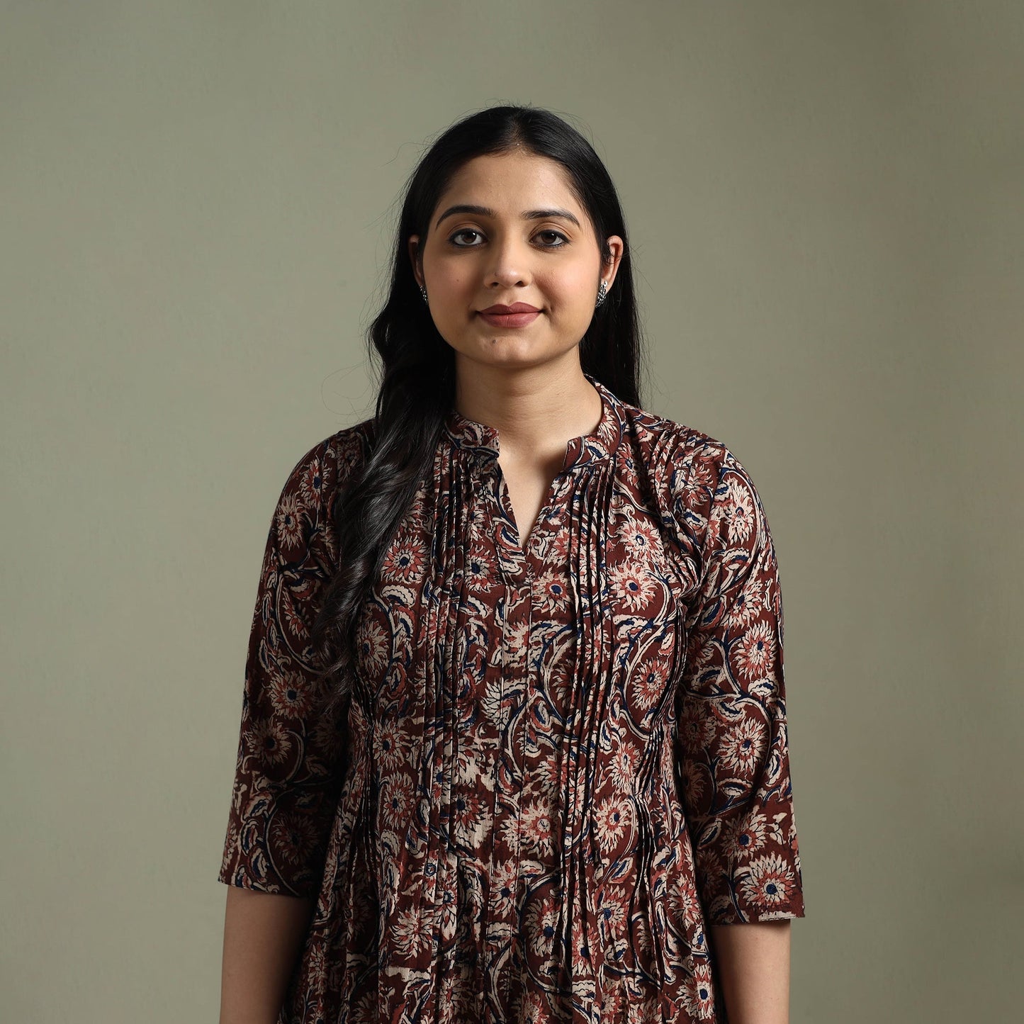 Natural dyed cotton hand block print pintuck kalamkari