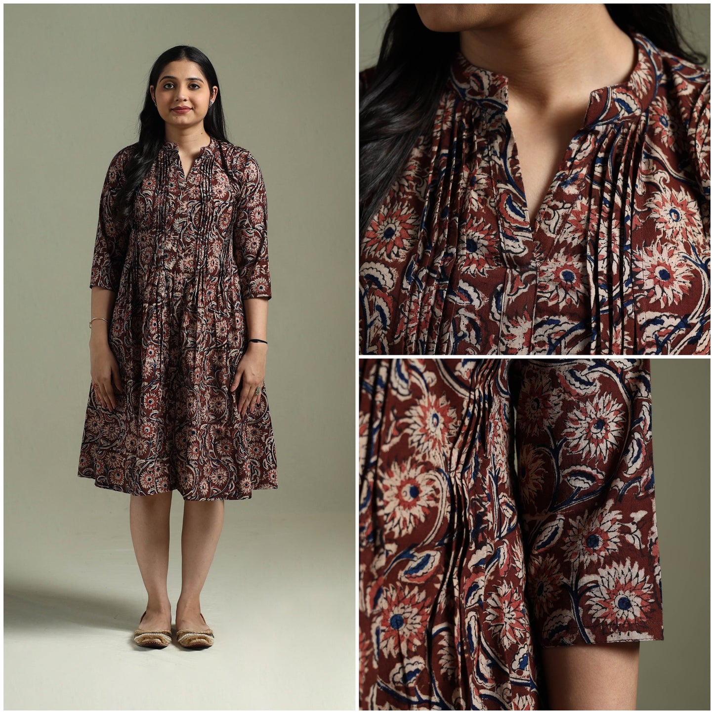 Natural dyed cotton hand block print pintuck kalamkari