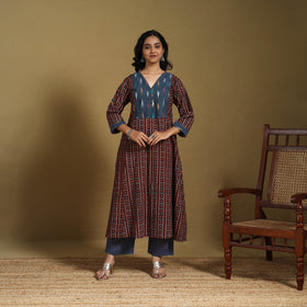 Maroon - natural dyed cotton a-line hand kurta with ikat