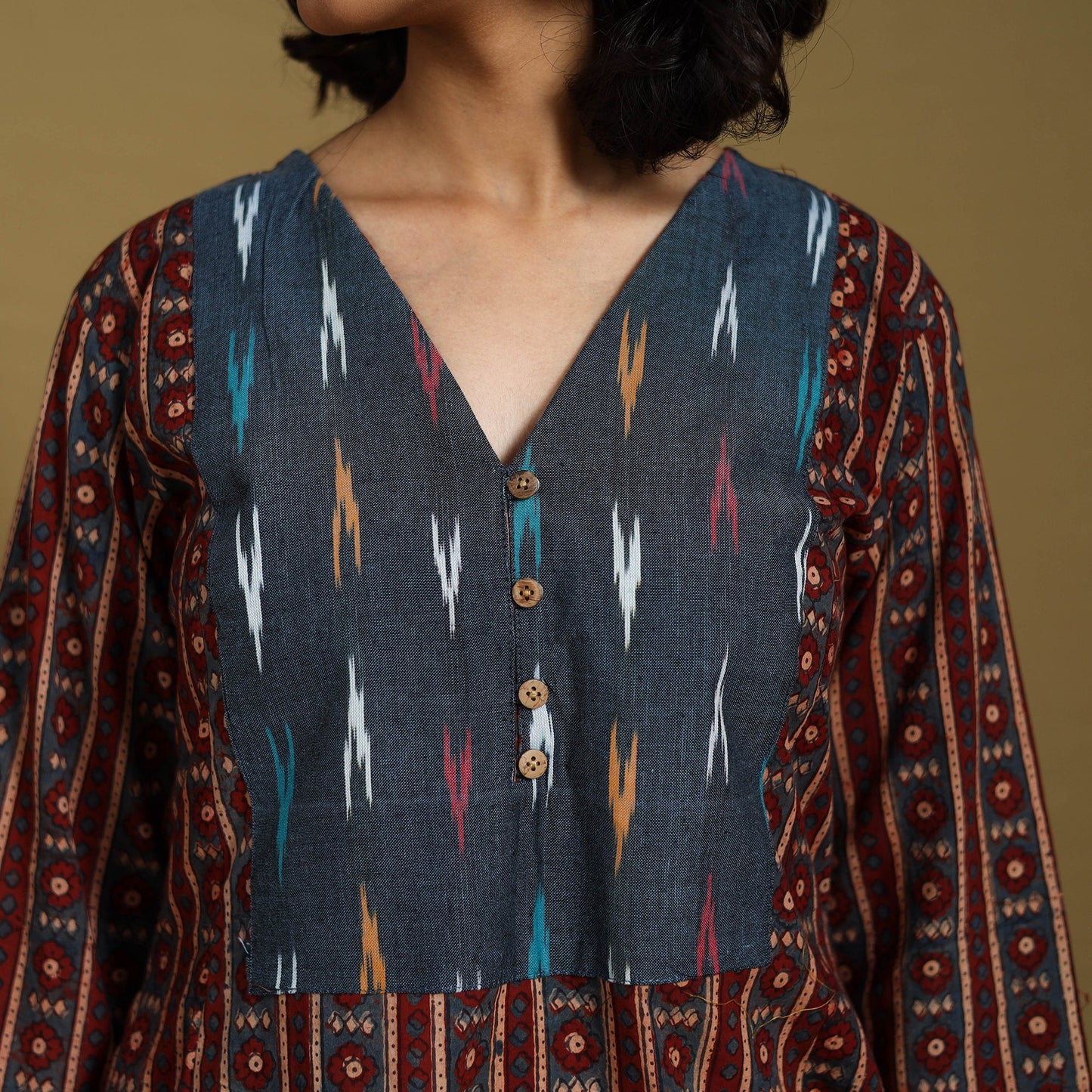 Maroon - natural dyed cotton a-line hand kurta with ikat