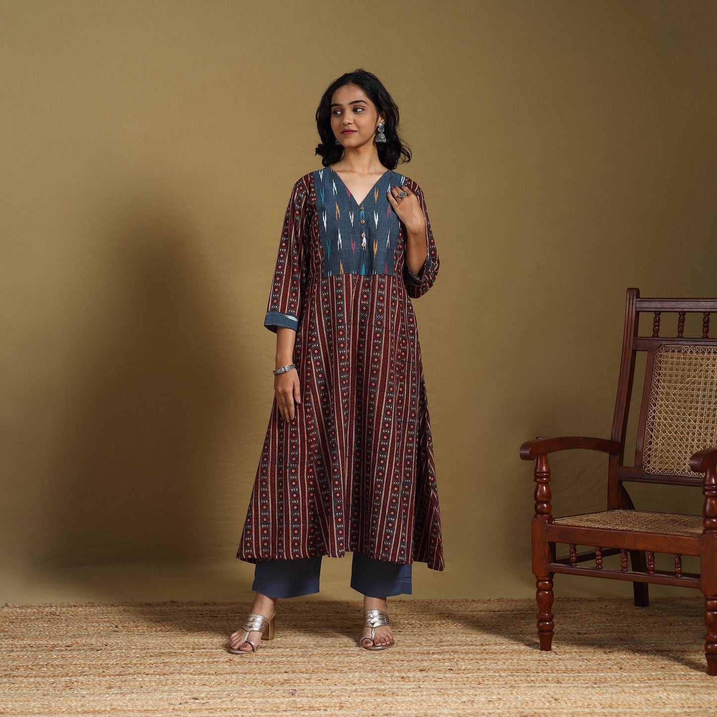 Maroon - natural dyed cotton a-line hand kurta with ikat
