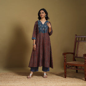 Maroon - natural dyed cotton a-line hand kurta with ikat