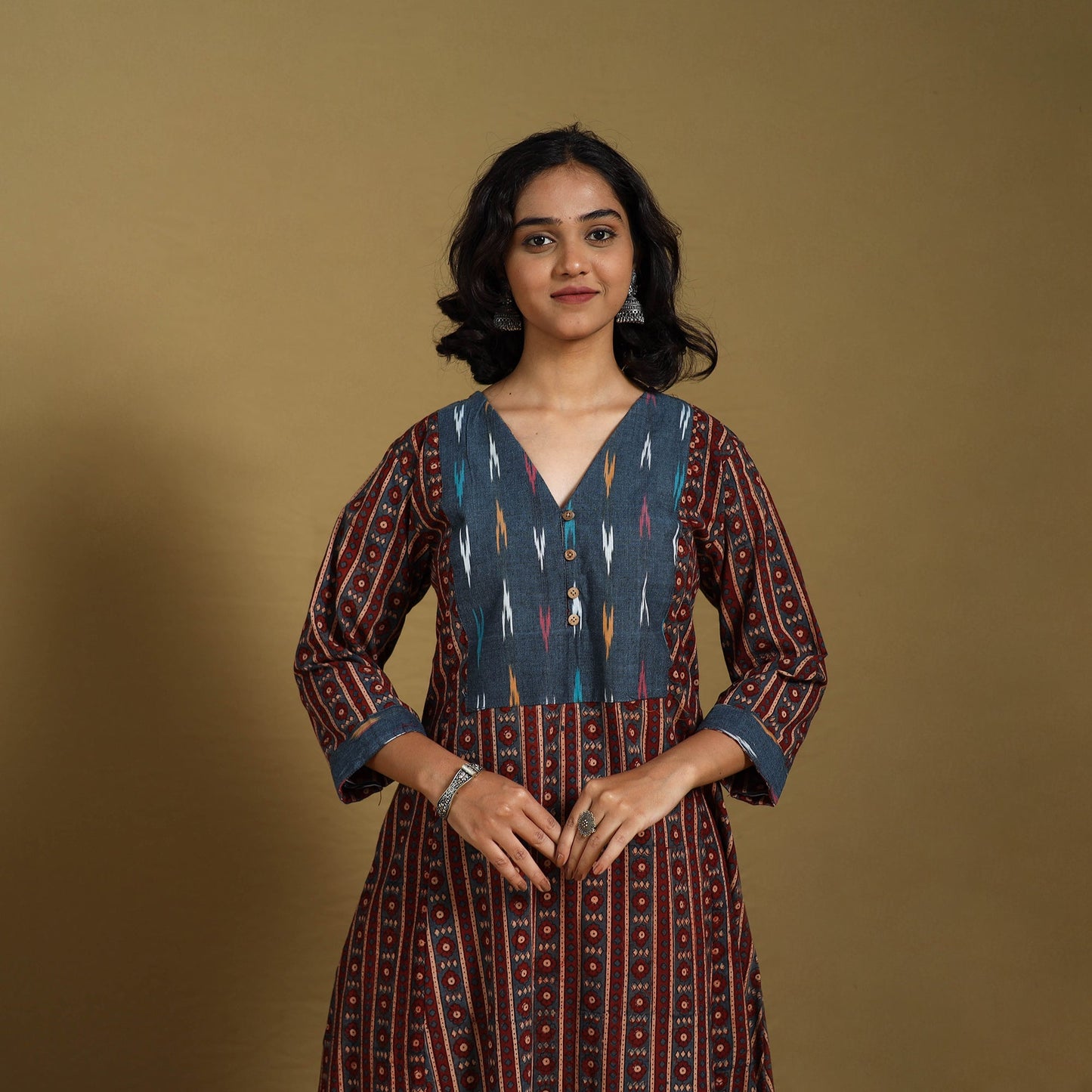 Maroon - natural dyed cotton a-line hand kurta with ikat