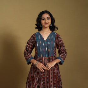 Maroon - natural dyed cotton a-line hand kurta with ikat