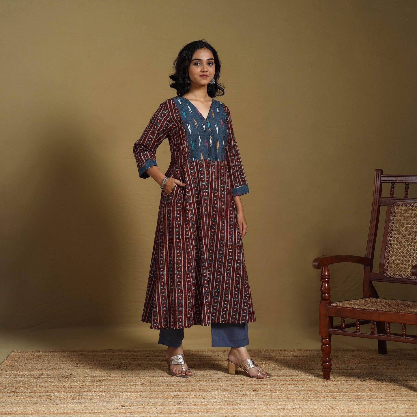 Maroon - natural dyed cotton a-line hand kurta with ikat