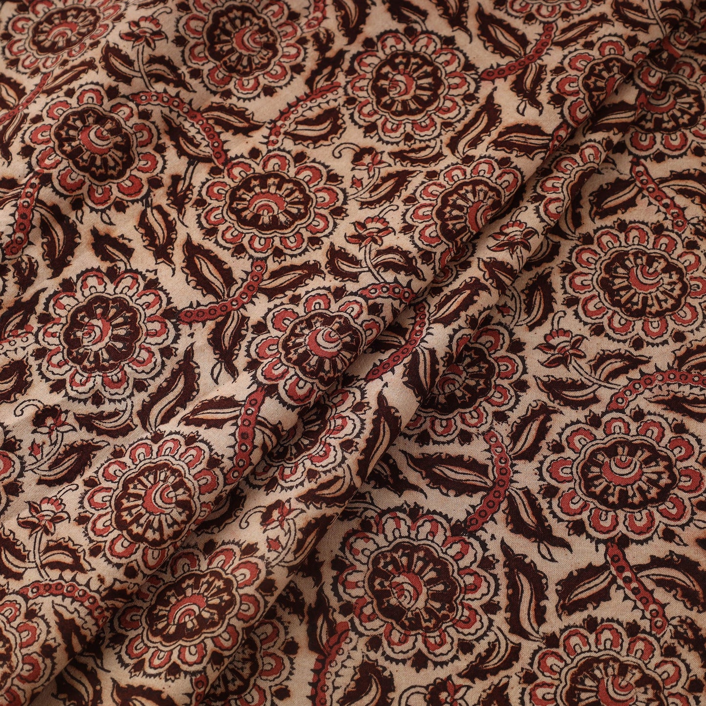 Maroon Natural Dyed Block Print Cotton Pedana Kalamkari Fabric