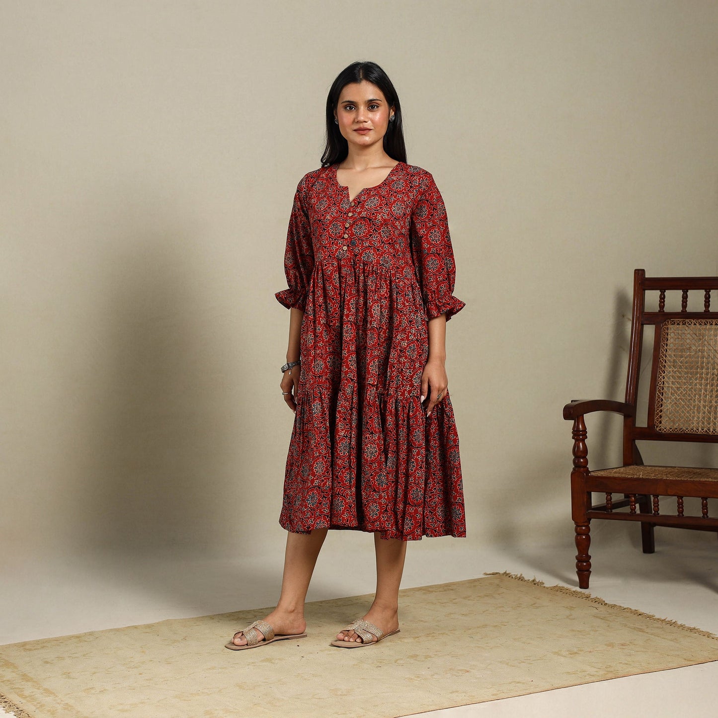 Maroon - natural dyed cotton tiered dress 06 - handcrafted