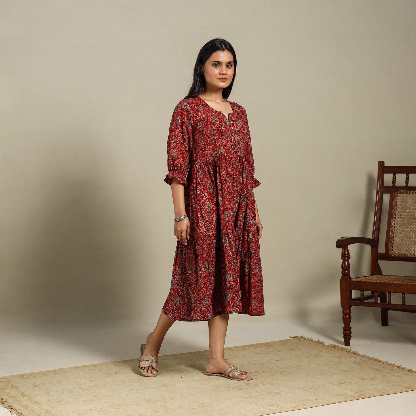 Maroon - natural dyed cotton tiered dress 06 - handcrafted