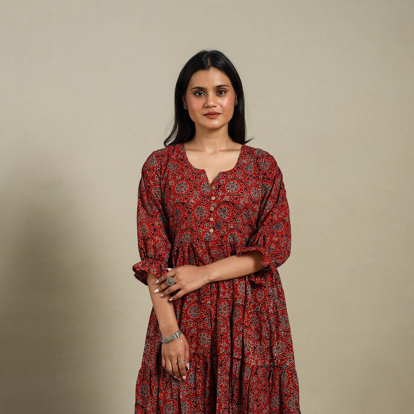 Maroon - natural dyed cotton tiered dress 06 - handcrafted