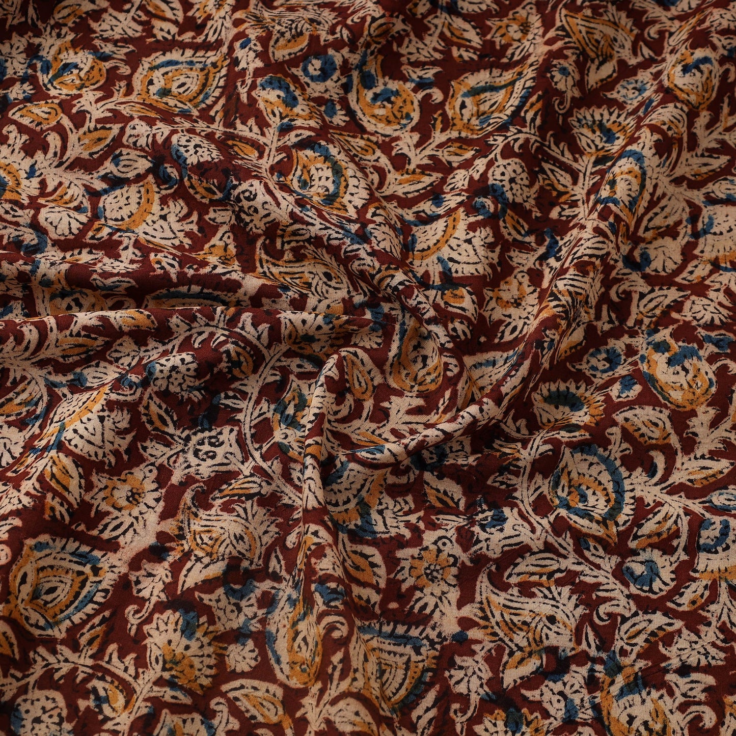 Maroon Natural Dyed Pedana Block Print Cotton Kalamkari Fabric