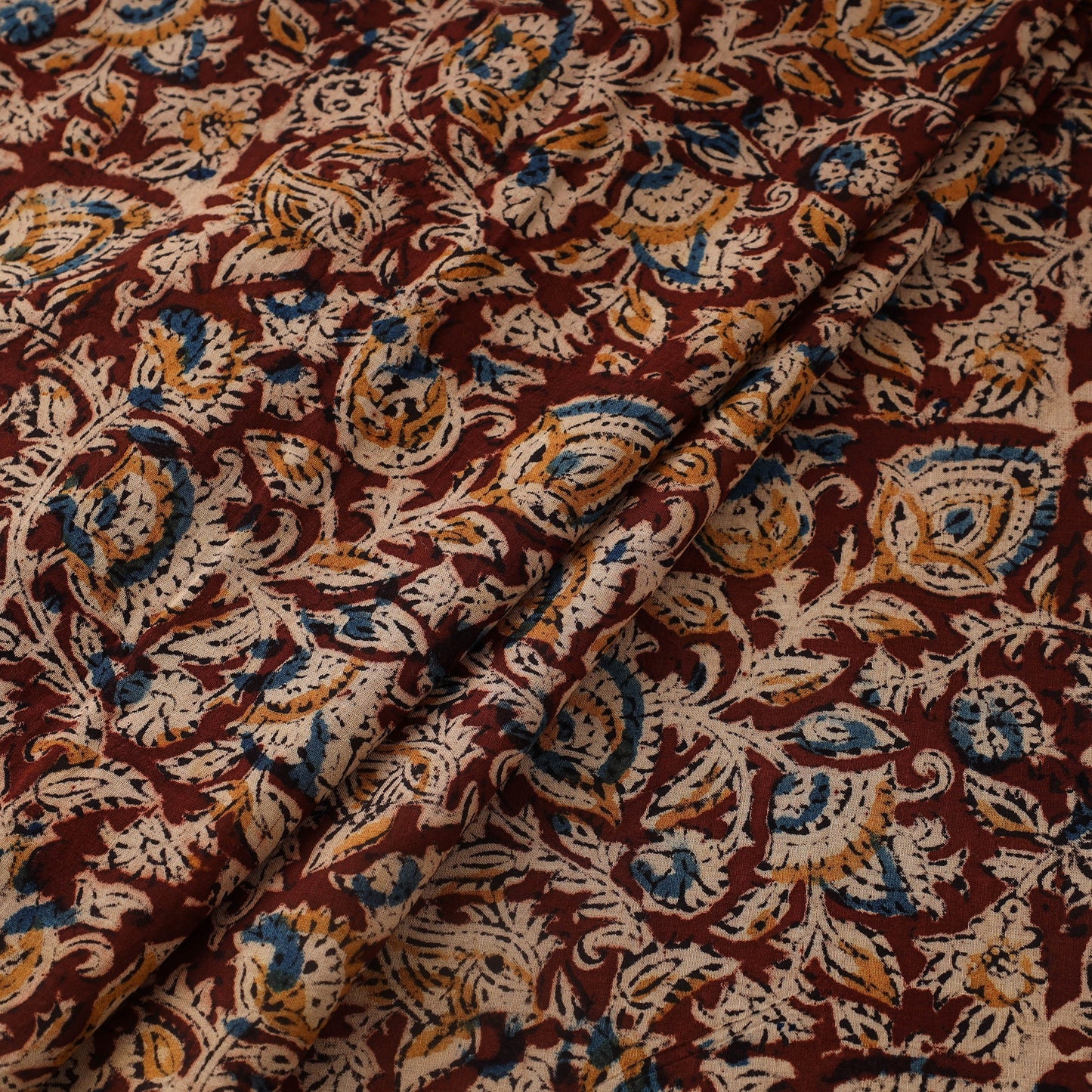 Maroon Natural Dyed Pedana Block Print Cotton Kalamkari Fabric