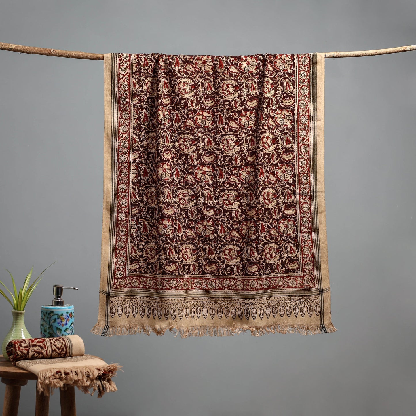 Natural dyed pedana kalamkari printed handloom cotton towel
