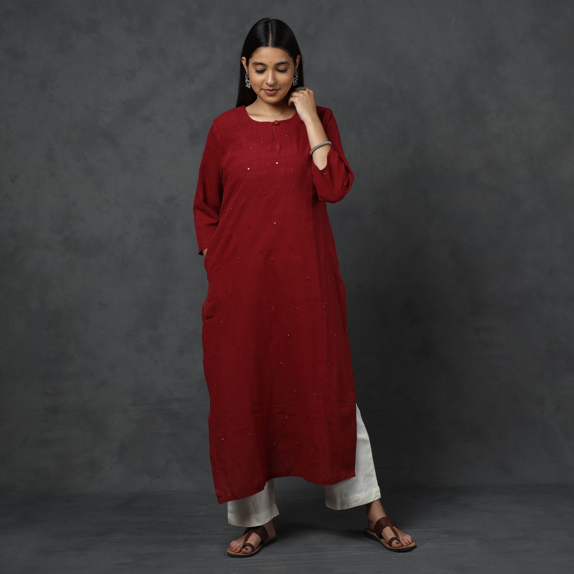 Organic Kala Cotton Handloom Mirror Work Long Kurta for Women