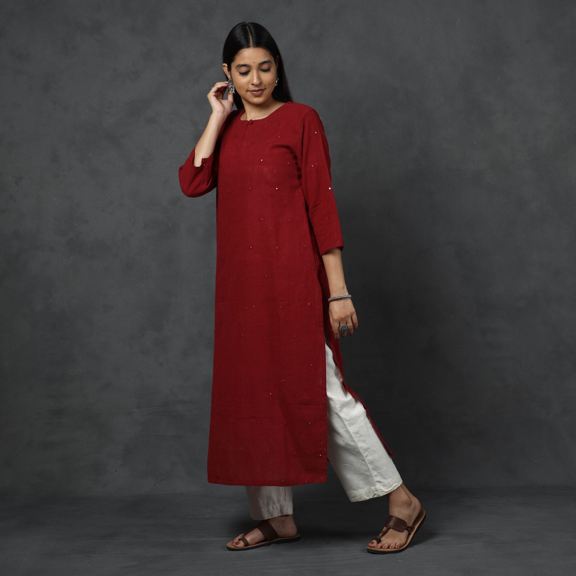 Organic Kala Cotton Handloom Mirror Work Long Kurta for Women