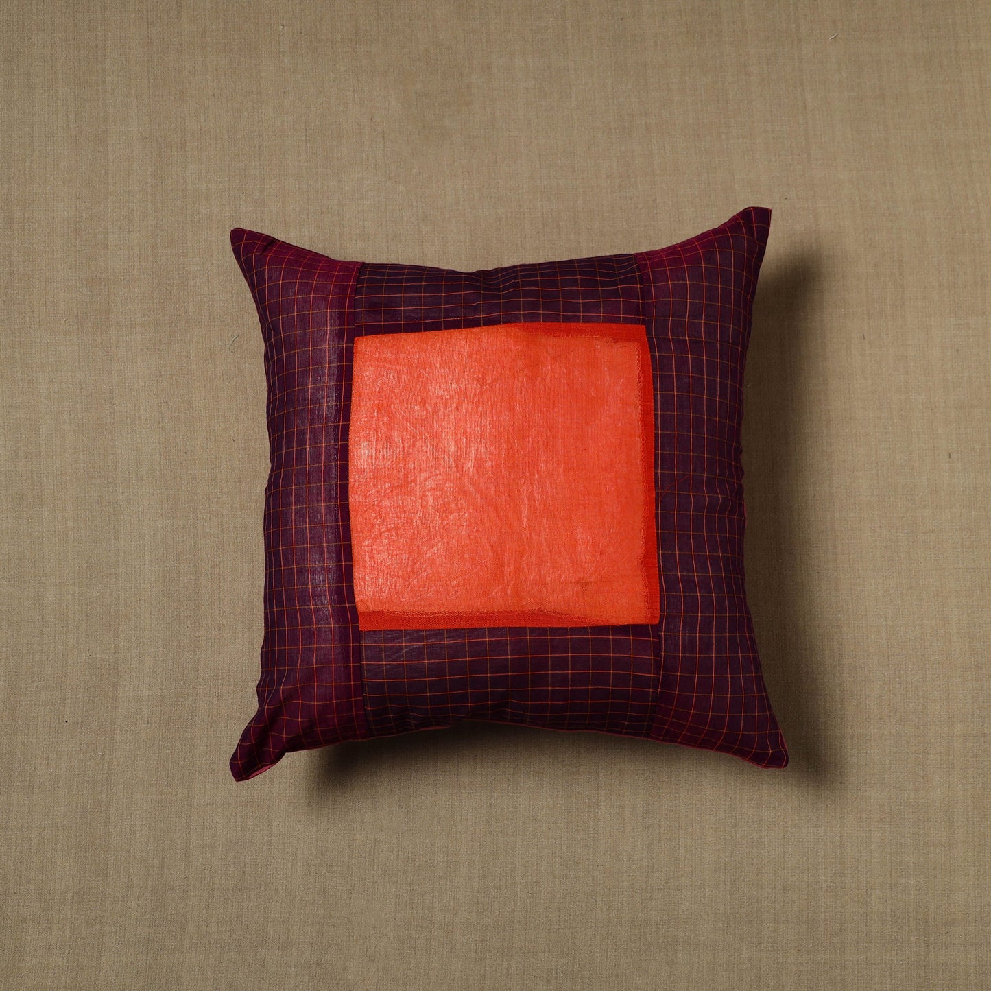 Maroon - Patchwork Cotton Kanchipuram Cushion Cover (16 x 16 in) 20