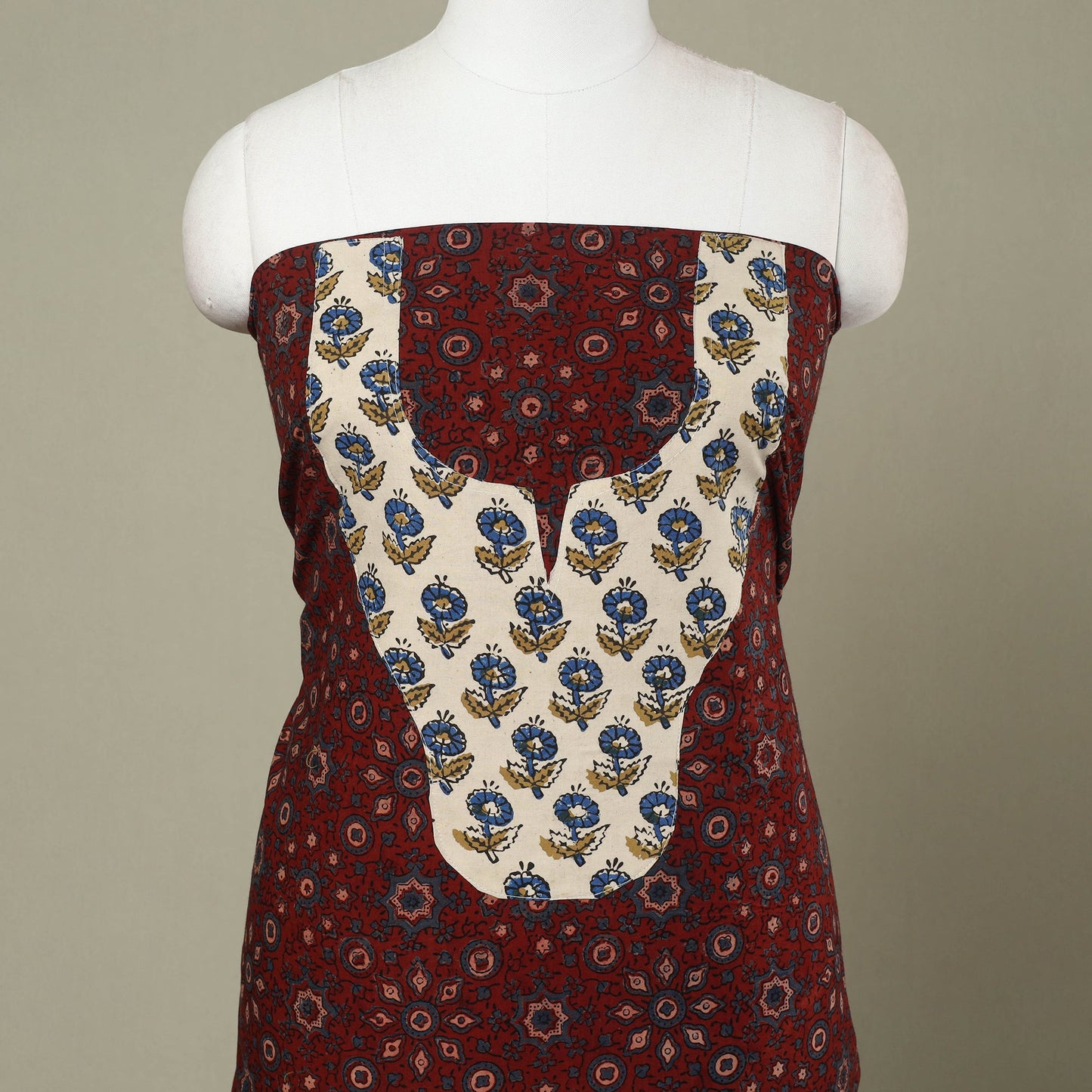 Buy Maroon Ajrakh Print Patchwork Cotton Kurta Material