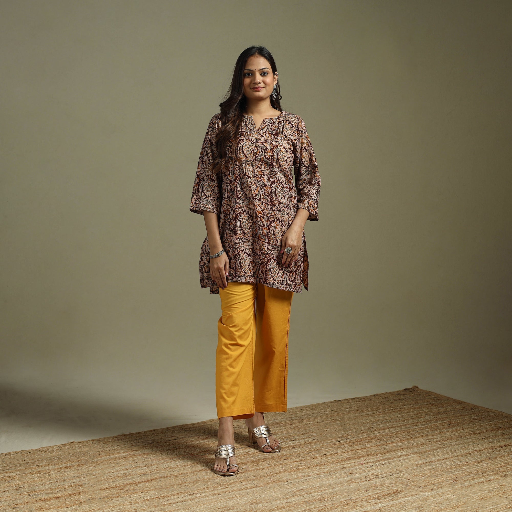 Maroon Block R Maroon Pedana Block Print Natural Dyed Cotton Short Kalamkari Kurta