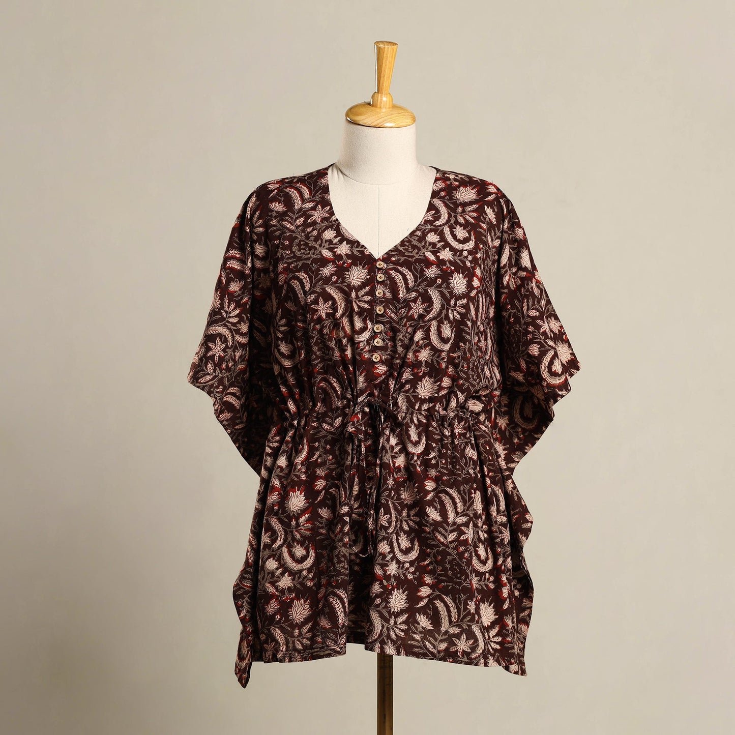 Maroon - Pintuck Bagru Mosaic Fusion Cotton Kaftan (Short) 45