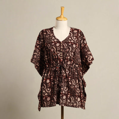 Maroon - Pintuck Bagru Mosaic Fusion Cotton Kaftan (Short) 45