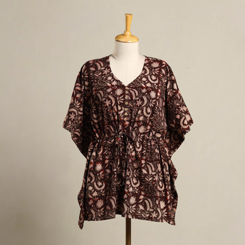 Maroon - Pintuck Bagru Mosaic Fusion Cotton Kaftan (Short) 45