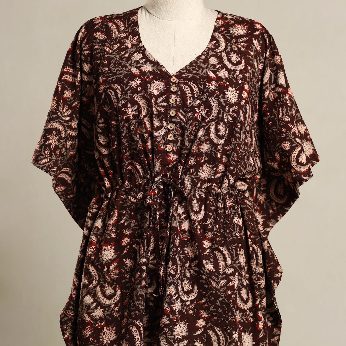 Maroon - Pintuck Bagru Mosaic Fusion Cotton Kaftan (Short) 45