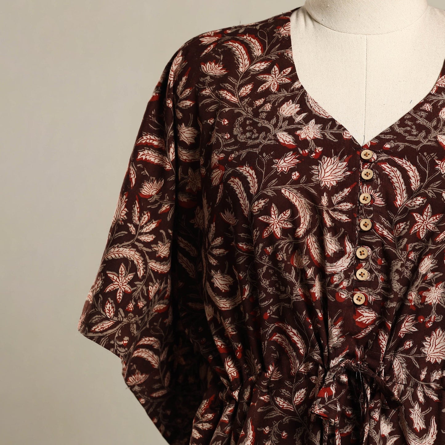 Maroon - Pintuck Bagru Mosaic Fusion Cotton Kaftan (Short) 45