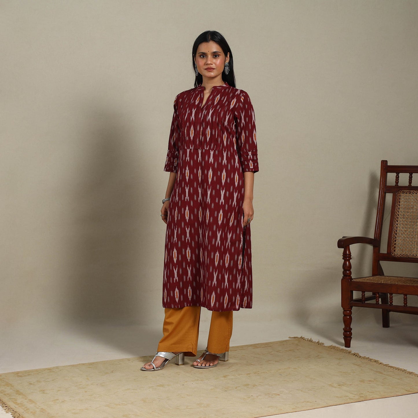 Maroon - pintuck cotton straight pochampally ikat kurta 10