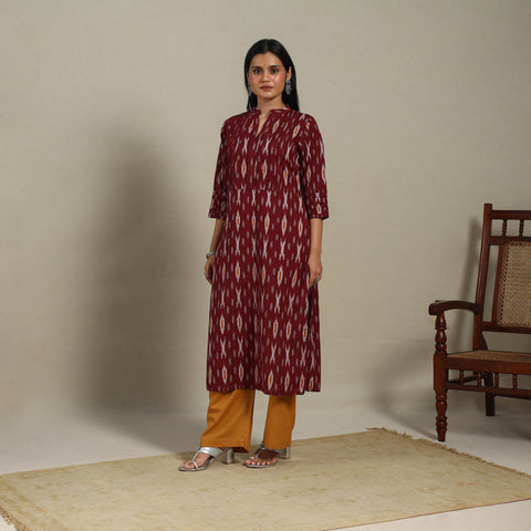 Maroon - pintuck cotton straight pochampally ikat kurta 10