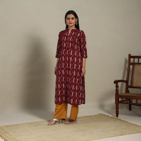 Maroon - pintuck cotton straight pochampally ikat kurta 10