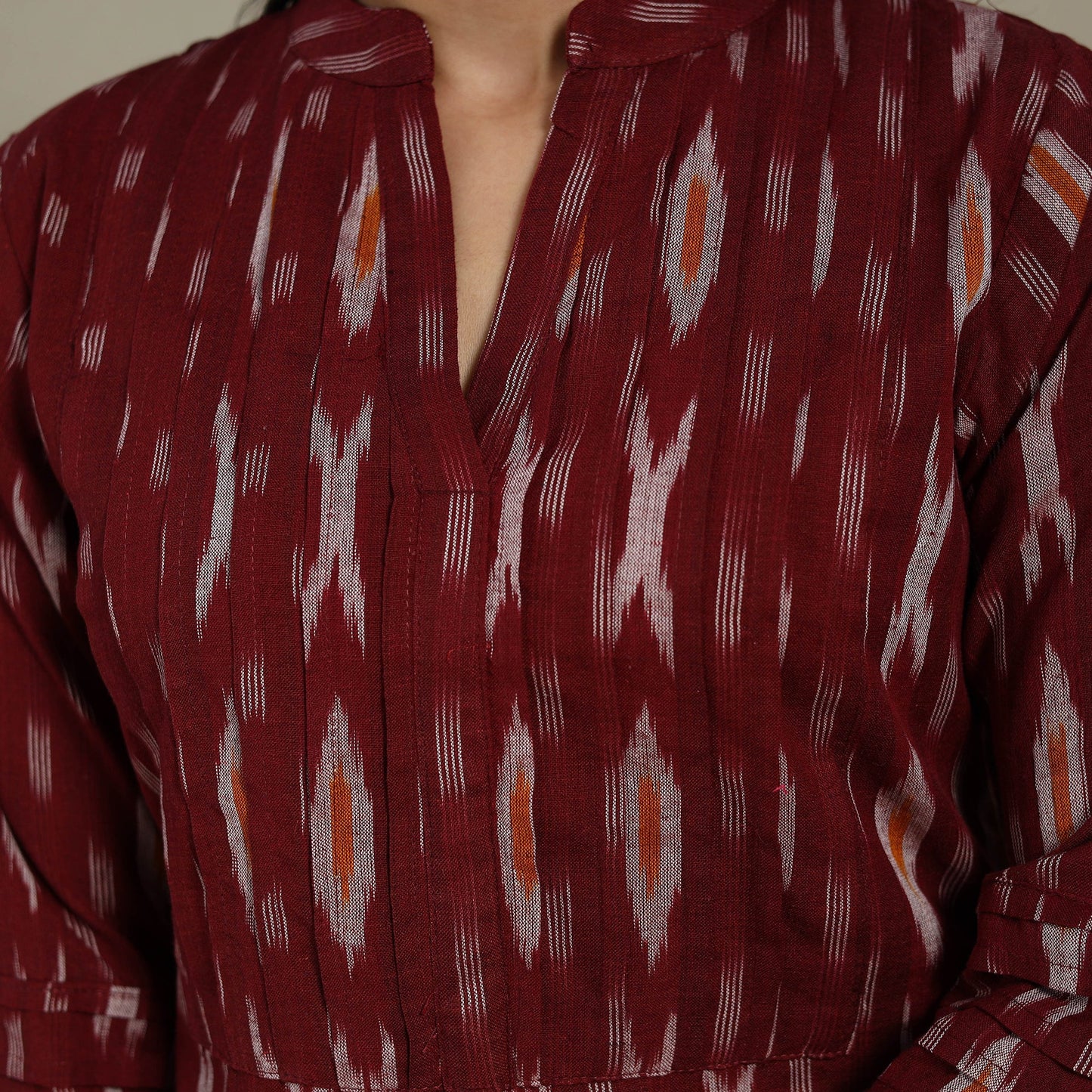 Maroon - pintuck cotton straight pochampally ikat kurta 10
