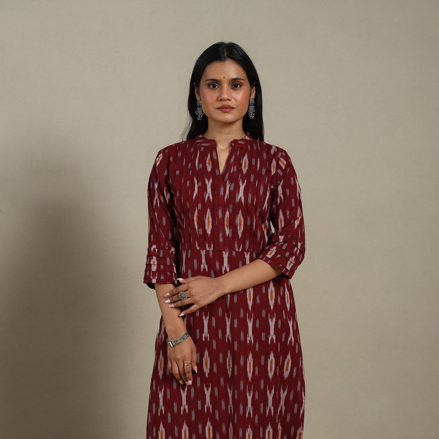 Maroon - pintuck cotton straight pochampally ikat kurta 10
