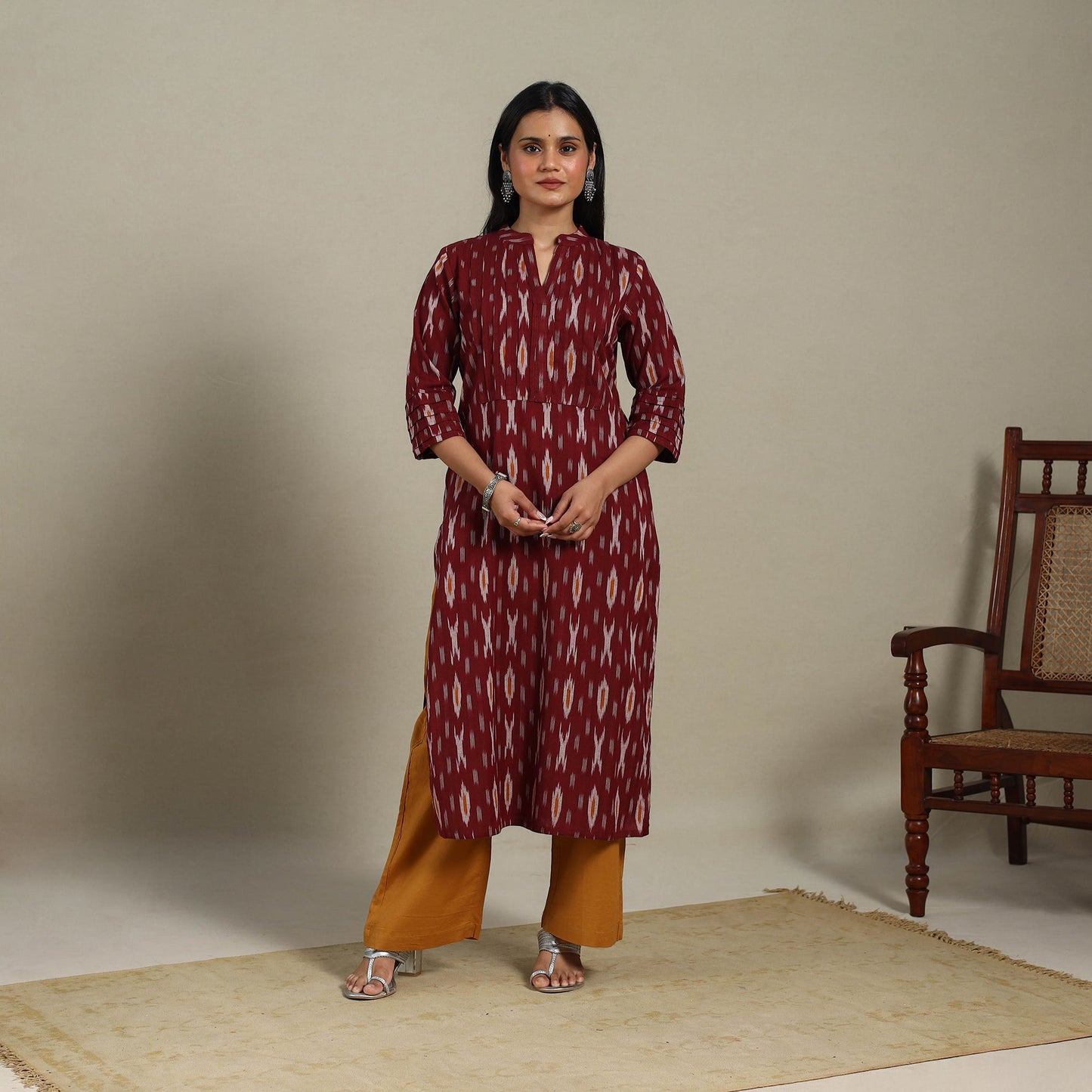 Maroon - pintuck cotton straight pochampally ikat kurta 10