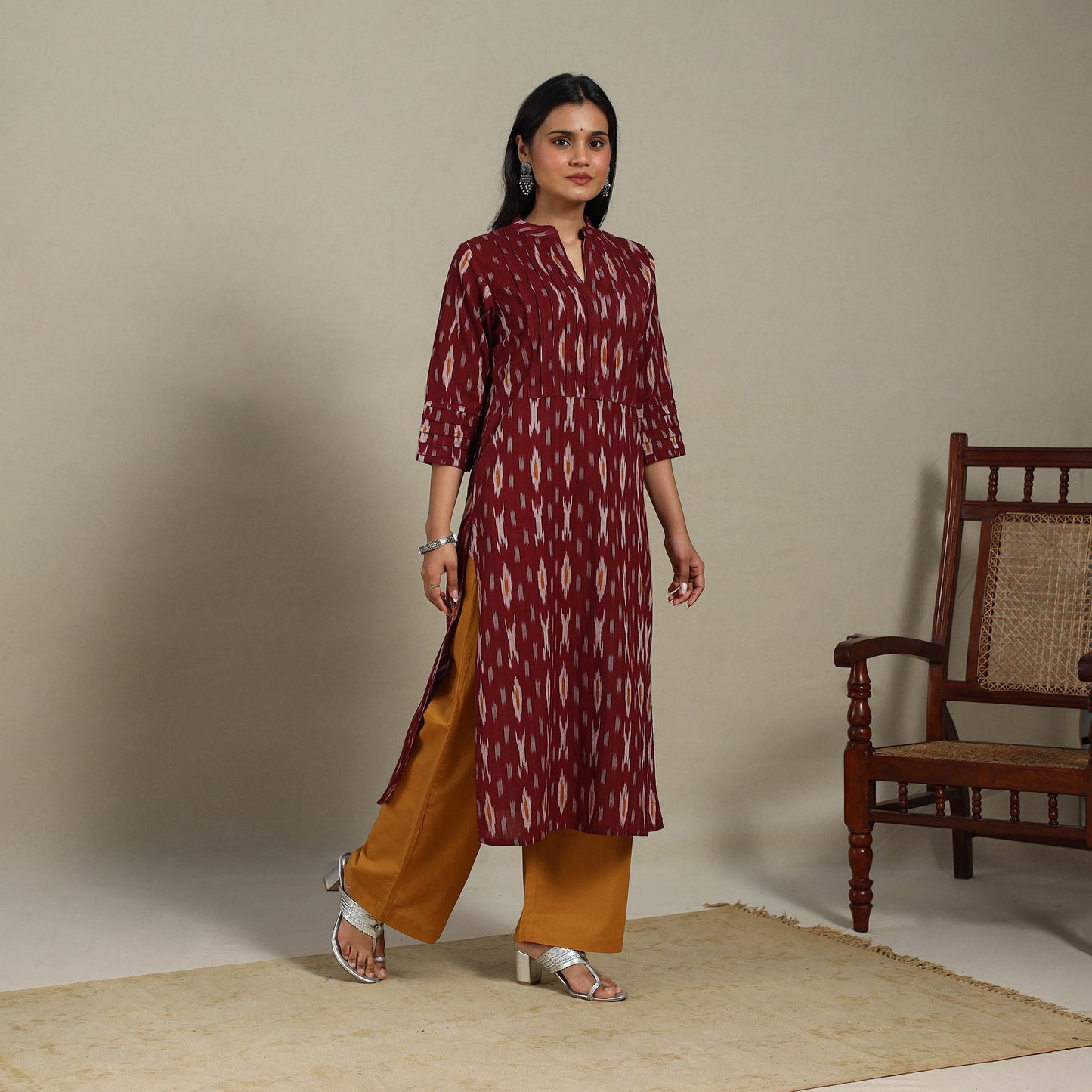 Maroon - pintuck cotton straight pochampally ikat kurta 10